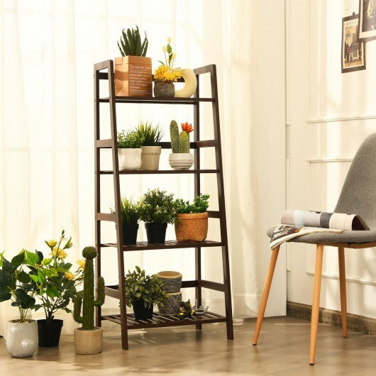 4-Tier Bamboo Plant Rack with Guardrails Stable and Space-Saving-Brown - Color: Brown W2B