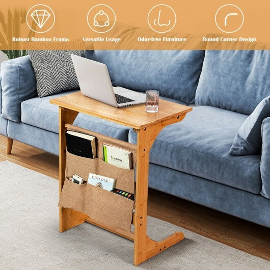 Bamboo Sofa Table End Table Bedside Table with Storage Bag