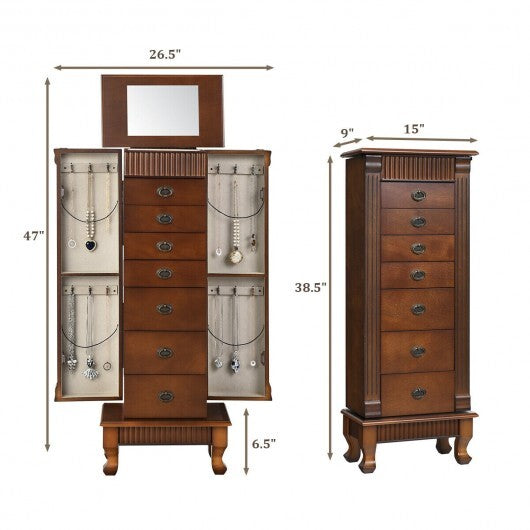Wooden Jewelry Armoire Cabinet Storage Chest with Drawers and Swing Doors-Brown W2B