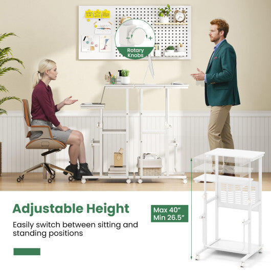 Height Adjustable Mobile Computer Stand-Up Desk with Two Modes-White W2B