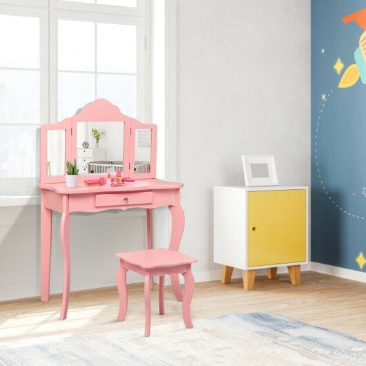 Kids Makeup Dressing Mirror Vanity Table Stool Set W2B