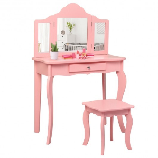 Kids Makeup Dressing Mirror Vanity Table Stool Set W2B