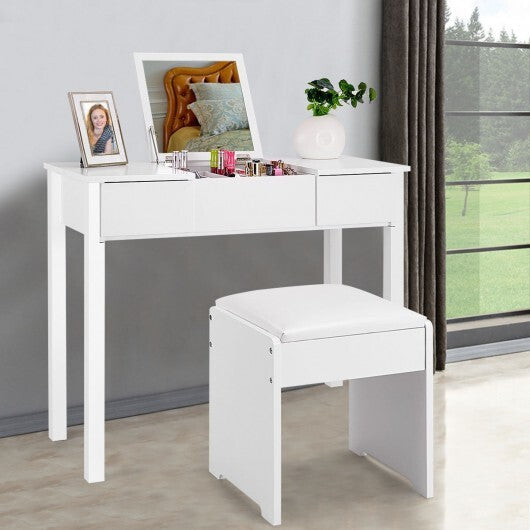 Vanity Makeup Dressing Table Set with Flip Top Mirror and Cushioned Stool-White W2B
