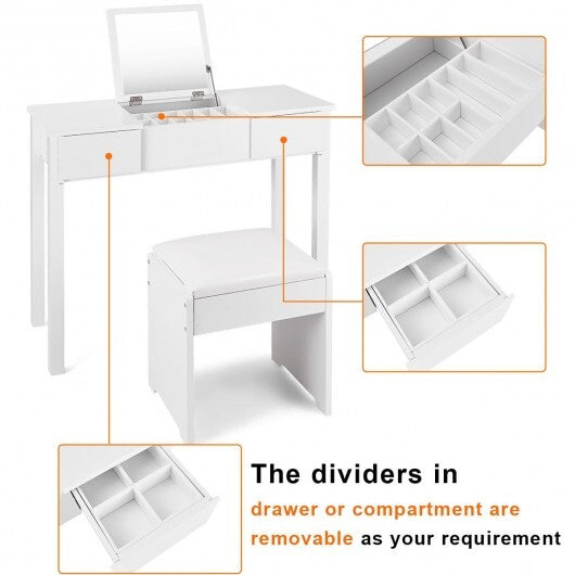 Vanity Makeup Dressing Table Set with Flip Top Mirror and Cushioned Stool-White W2B
