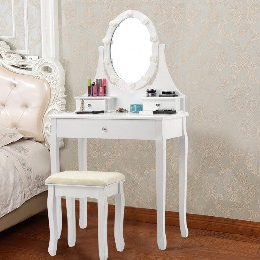 3 Drawers Lighted Mirror Vanity Dressing Table Stool Set-Black W2B