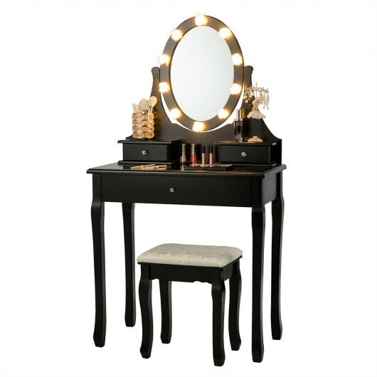 3 Drawers Lighted Mirror Vanity Dressing Table Stool Set-Black W2B