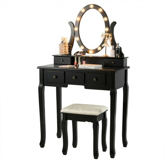 5 Drawers Vanity Table Stool Set with 12-LED Bulbs-Black W2B