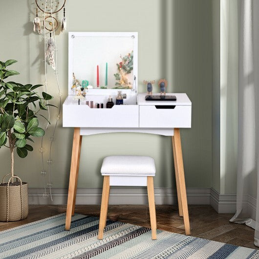 Wooden Vanity Table with Flip Top Mirror and Cushioned Stool W2B