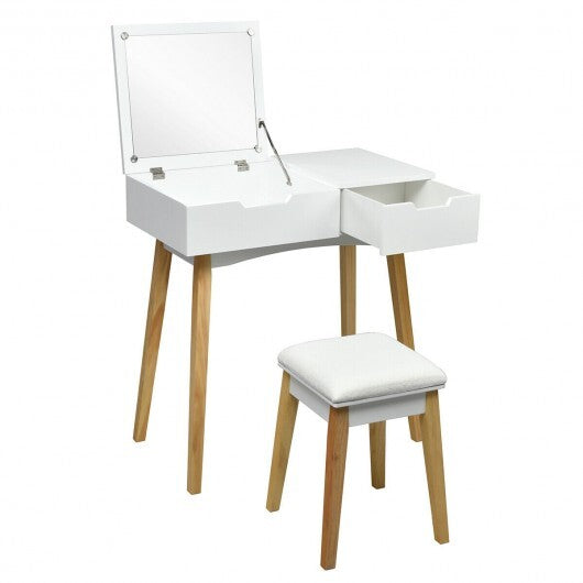 Wooden Vanity Table with Flip Top Mirror and Cushioned Stool W2B