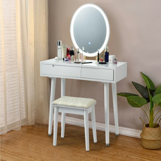 Touch Screen Vanity Makeup Table Stool Set with Lighted Mirror-White W2B