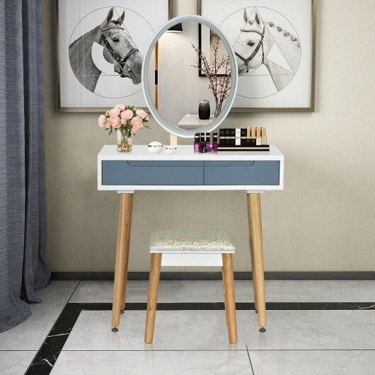 Touch Screen Vanity Makeup Table Stool Set with Lighted Mirror-White W2B