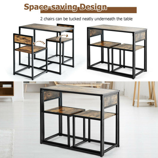 3 Pieces Dining Set Compact Table and 2 Chair with Metal Frame for Small Space-Oak W2B