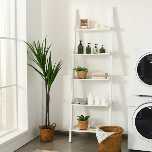 5-Tier Wall-leaning Ladder Shelf Display Rack for Plants and Books-White W2B