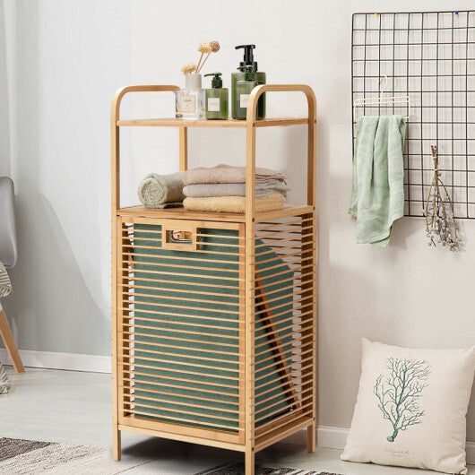 Tilt-out Bamboo Laundry Hamper with 2-Tier Shelf and Removable Liner-Natural