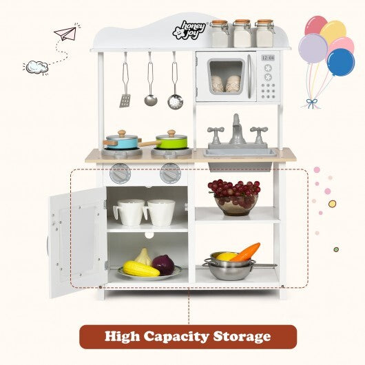 Wooden Pretend Play Kitchen Set for Kids with Accessories and Sink - Color: White W2B