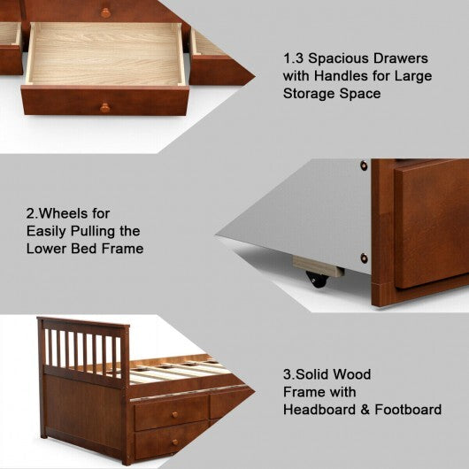 Twin Captain's Bed with Trundle and 3 Storage Drawers-Walnut
