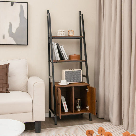 4-Tier Ladder Shelf with Cabinet and Metal Frame-Rustic Brown W2B
