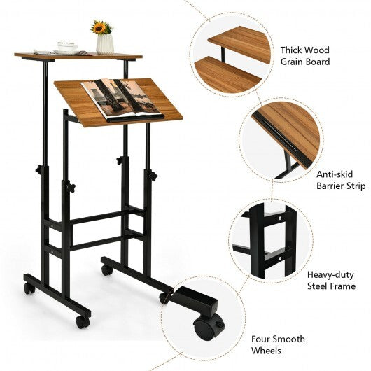 Height-adjustable Mobile Standing Desk with Split Top and Adjustable Angle-Natural W2B