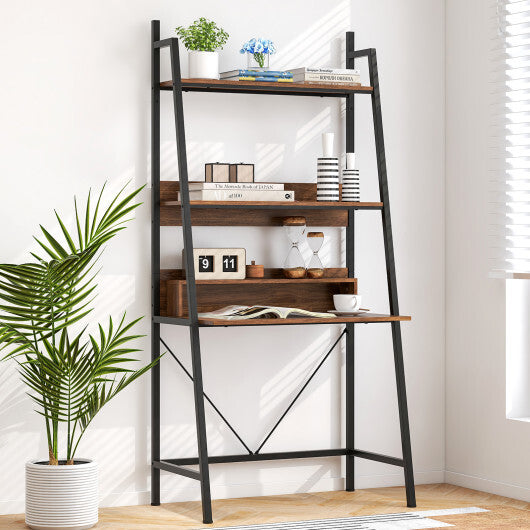 71" High Freestanding Laptop Desk with Open Shelves for Living Room Bedroom Study-Brown W2B