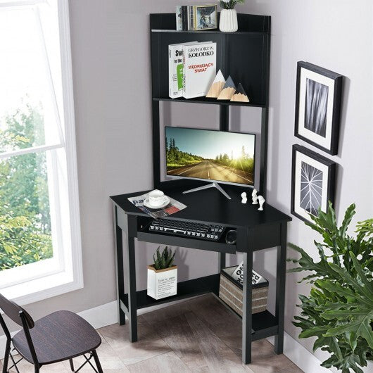 Corner Computer Desk with Hutch and Storage Shelves-White