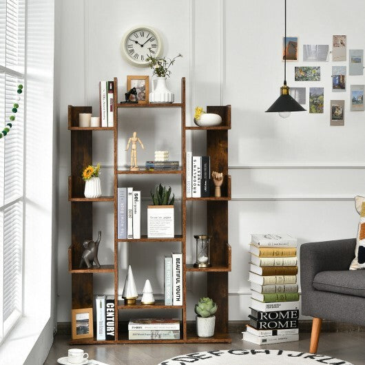 Tree-Shaped Bookshelf with 13 Compartments for Home Office-Rustic Brown W2B