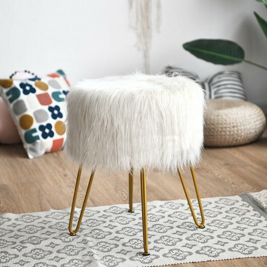 Faux Fur Vanity Stool Chair with Metal Legs for Bedroom and Living Room-White - Color: White W2B
