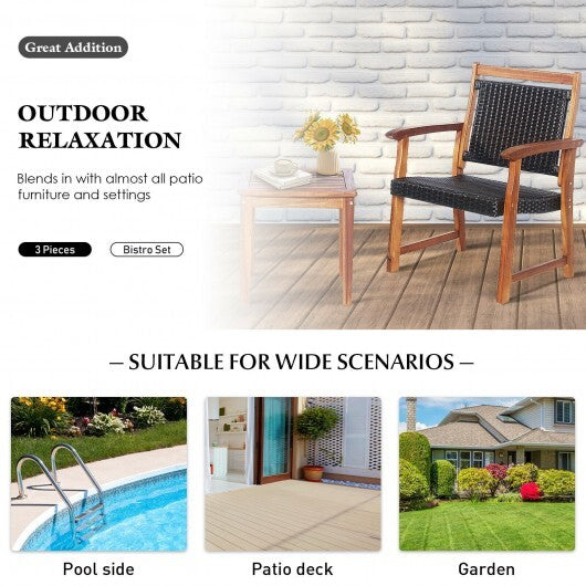 3 Pieces Rattan Bistro Set with Acacia Wood Frame for Garden W2B