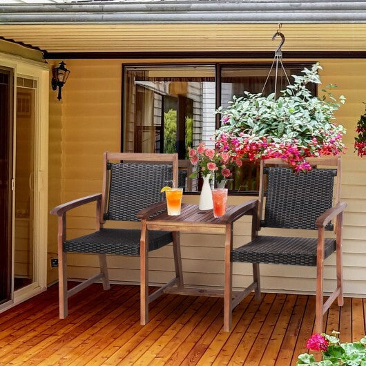 2-Seat Patio Rattan Acacia Wood Chair with Coffee Table W2B