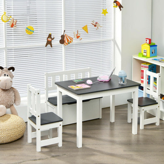 4 Pieces Kids Wooden Activity Table and Chairs Set with Storage Bench and Study Desk-Natural W2B
