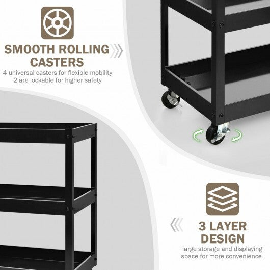 3-Tier Utility Cart Rolling Metal Cart with Handle and Universal Wheels-Black W2B