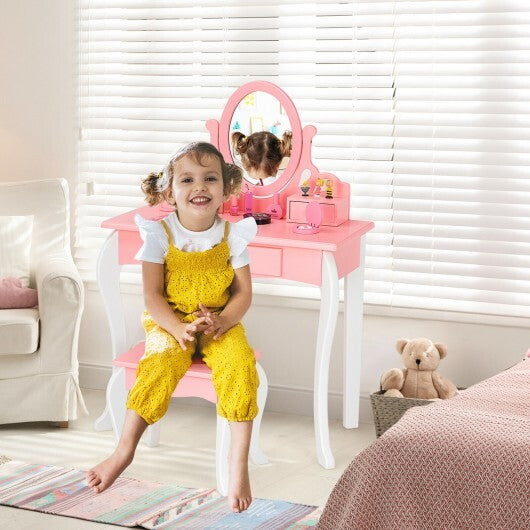 Kids Vanity Princess Makeup Dressing Table Stool Set with Mirror and Drawer-Pink W2B