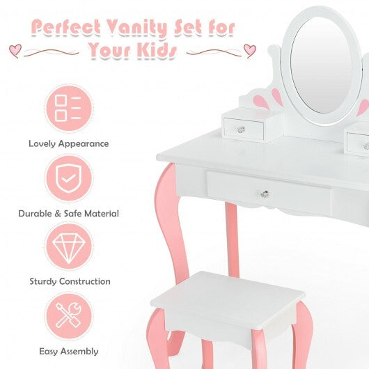 Kids Vanity Princess Makeup Dressing Table Stool Set with Mirror and Drawer-Pink W2B
