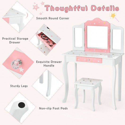 Kids Princess Vanity Table and Stool Set with Tri-folding Mirror and Drawer-Pink W2B