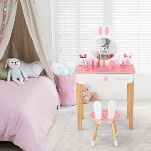 Kids Vanity Set Rabbit Makeup Dressing Table Chair Set with Mirror and Drawer-White W2B