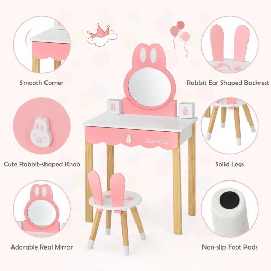 Kids Vanity Set Rabbit Makeup Dressing Table Chair Set with Mirror and Drawer-White W2B