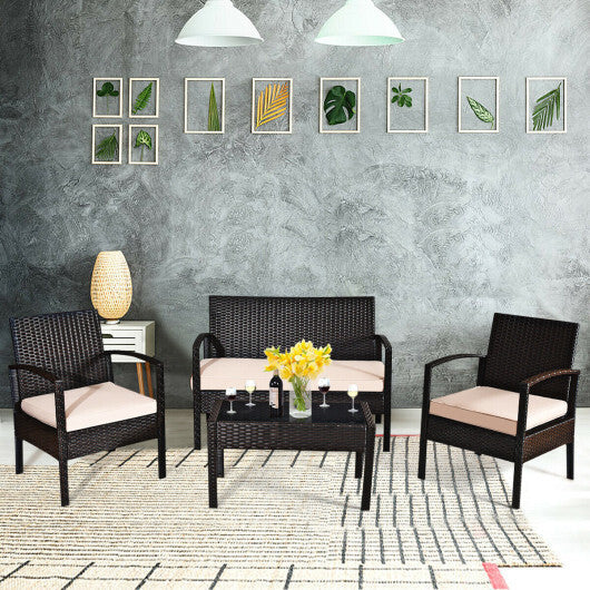 4 Pieces Patio Rattan Conversation Set with Loveseat Sofas and Coffee Table W2B