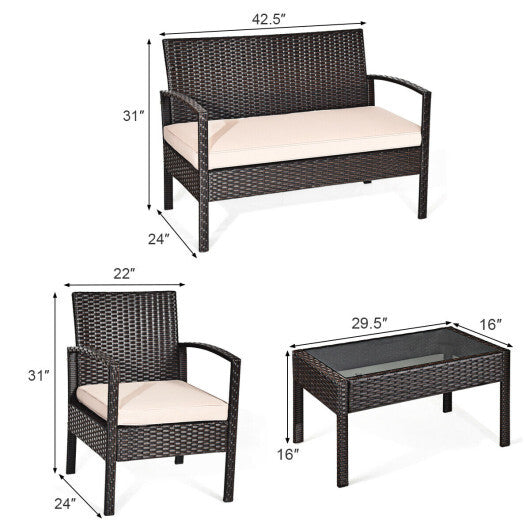 4 Pieces Patio Rattan Conversation Set with Loveseat Sofas and Coffee Table W2B