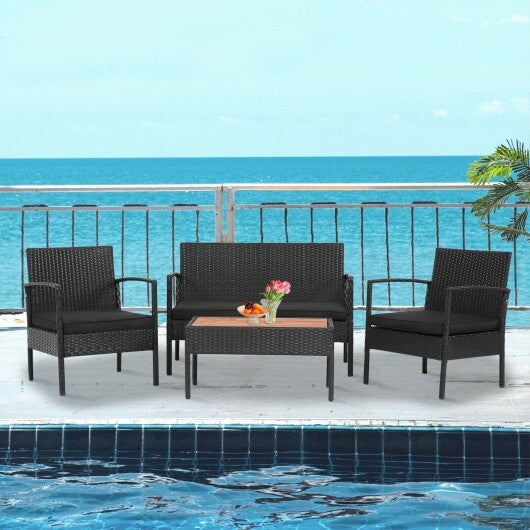 4 Pieces Patio Rattan Cushioned Furniture Set with Wooden Tabletop W2B