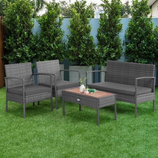 4 Pieces Rattan Patio Conversation Furniture Set with Acacia Wood Tabletop W2B