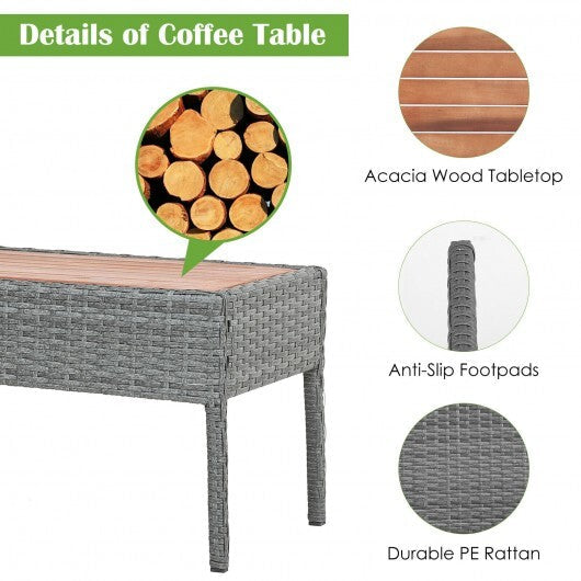 4 Pieces Rattan Patio Conversation Furniture Set with Acacia Wood Tabletop W2B