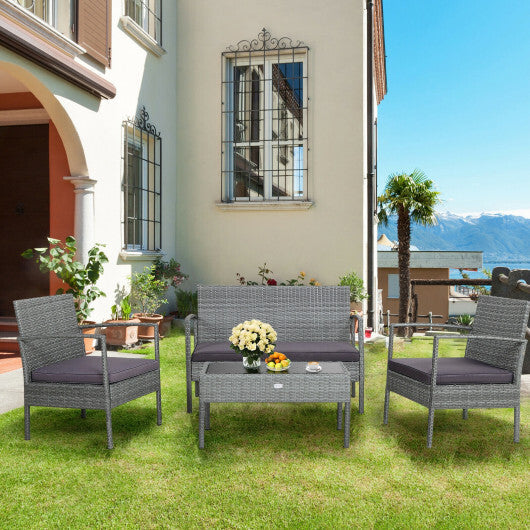 4 Pieces Outdoor Rattan Conversation Set with Comfortable Cushion W2B