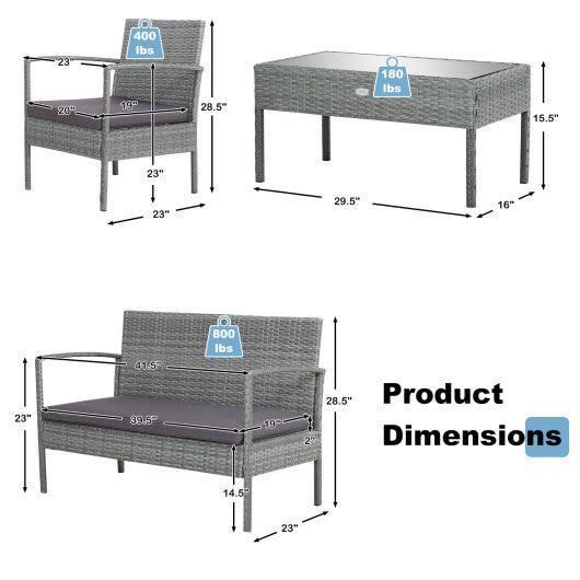 4 Pieces Outdoor Rattan Conversation Set with Comfortable Cushion W2B
