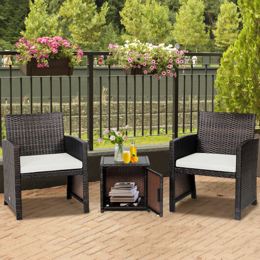 3 Pieces Patio Wicker Furniture Set with Storage Table and Protective Cover-Off White W2B