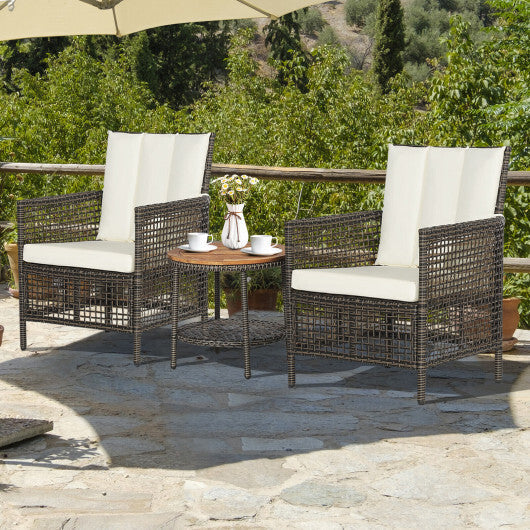 3 Pieces Patio Rattan Furniture Set with Cushioned Sofas and Wood Table Top-White W2B