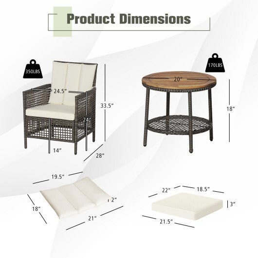 3 Pieces Patio Rattan Furniture Set with Cushioned Sofas and Wood Table Top-White W2B