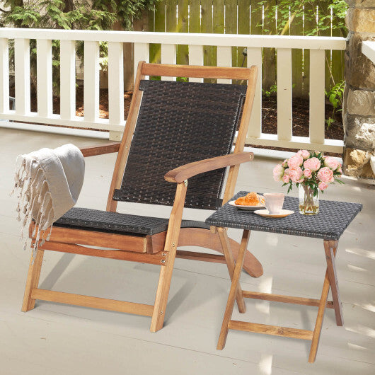2 Pieces Patio Rattan Folding Lounge Chair with Acacia Wood Table W2B
