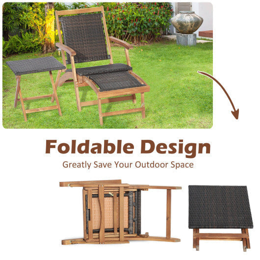 2 Pieces Patio Rattan Folding Lounge Chair with Acacia Wood Table W2B