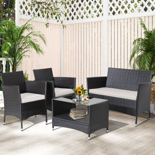4 Pieces Patio Conversation Set with Soft Cushions and Tempered Glass Tabletop