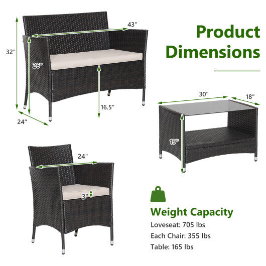 4 Pieces Patio Conversation Set with Soft Cushions and Tempered Glass Tabletop