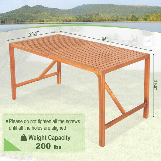 55 Inch Patio Rectangular Acacia Wood Dining Table with Umbrella Hole W2B
